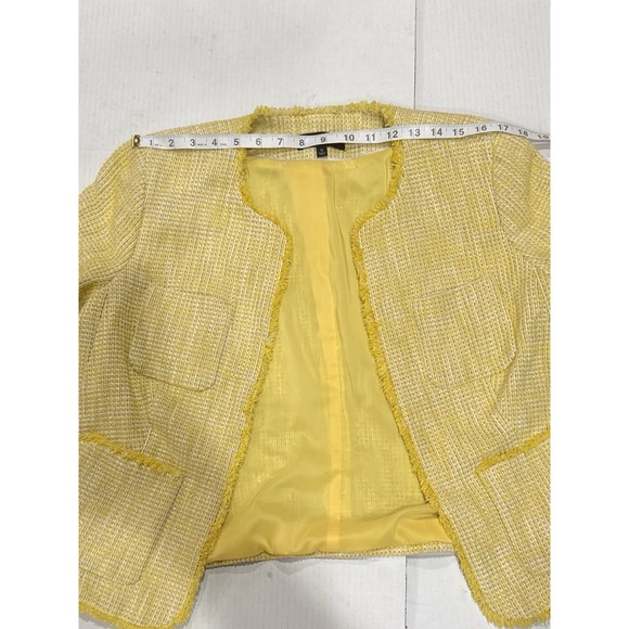 Talbots Yellow Tweed Jacket Women's Size 12 Fringe Trim Open Front Blazer - Picture 10 of 11